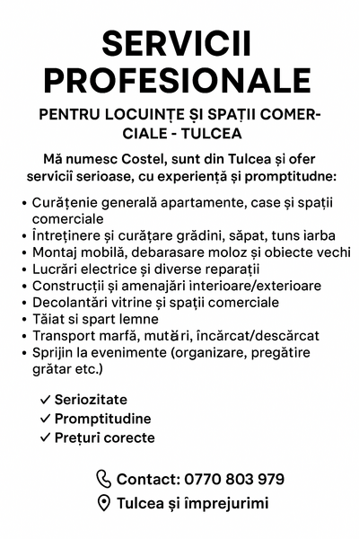 Prestator servicii casnice curatenie, electrica constructii curatat gradini